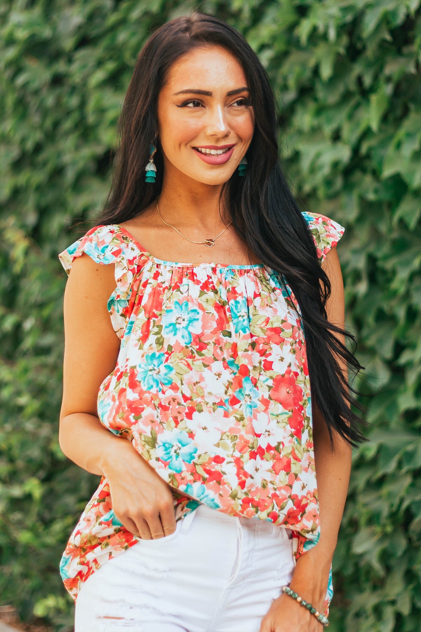 Coral Floral Print Ruffle Short Sleeve Woven Top