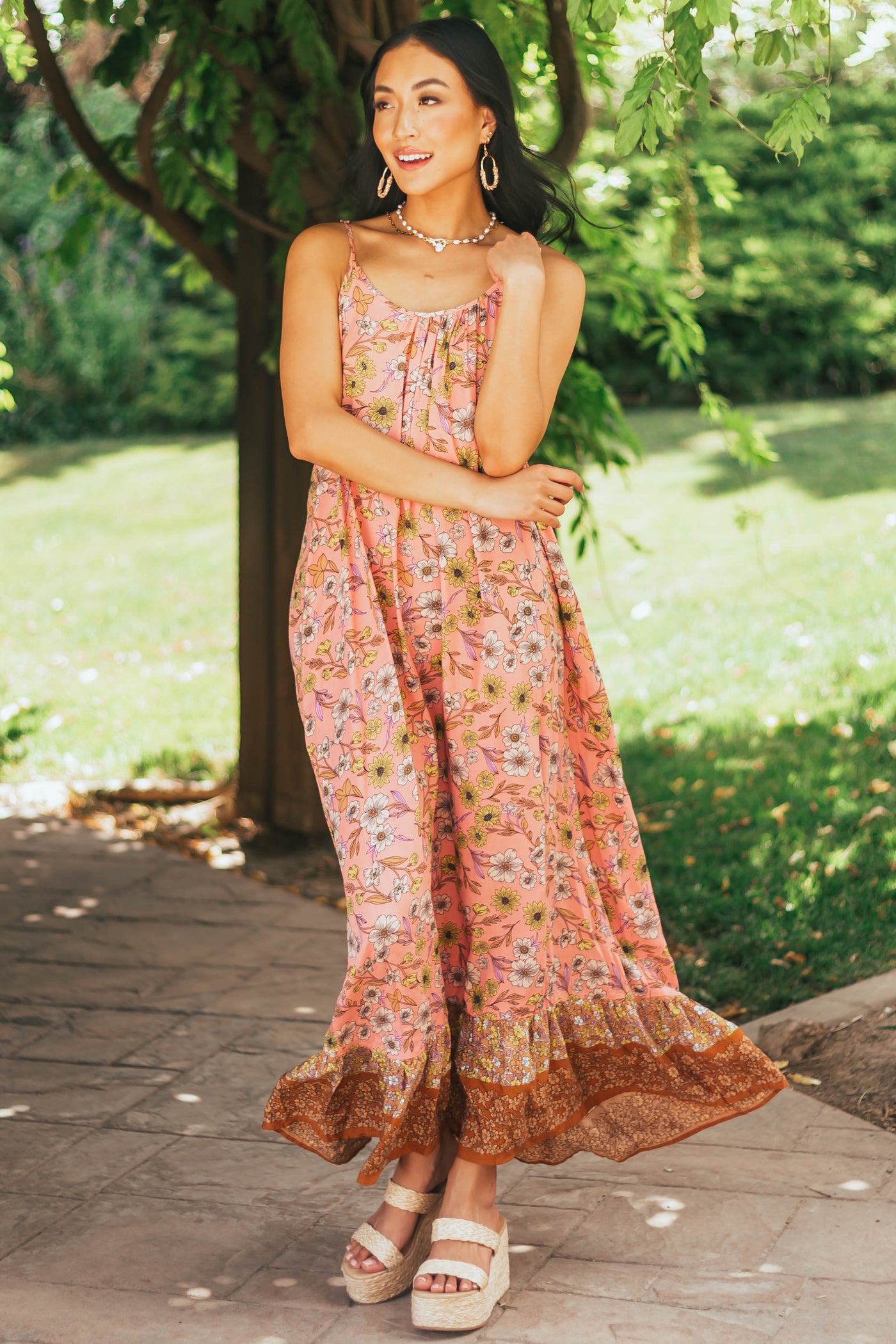 Coral Floral Print Sleeveless Maxi Dress