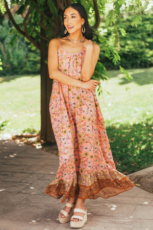 Coral Floral Print Sleeveless Maxi Dress