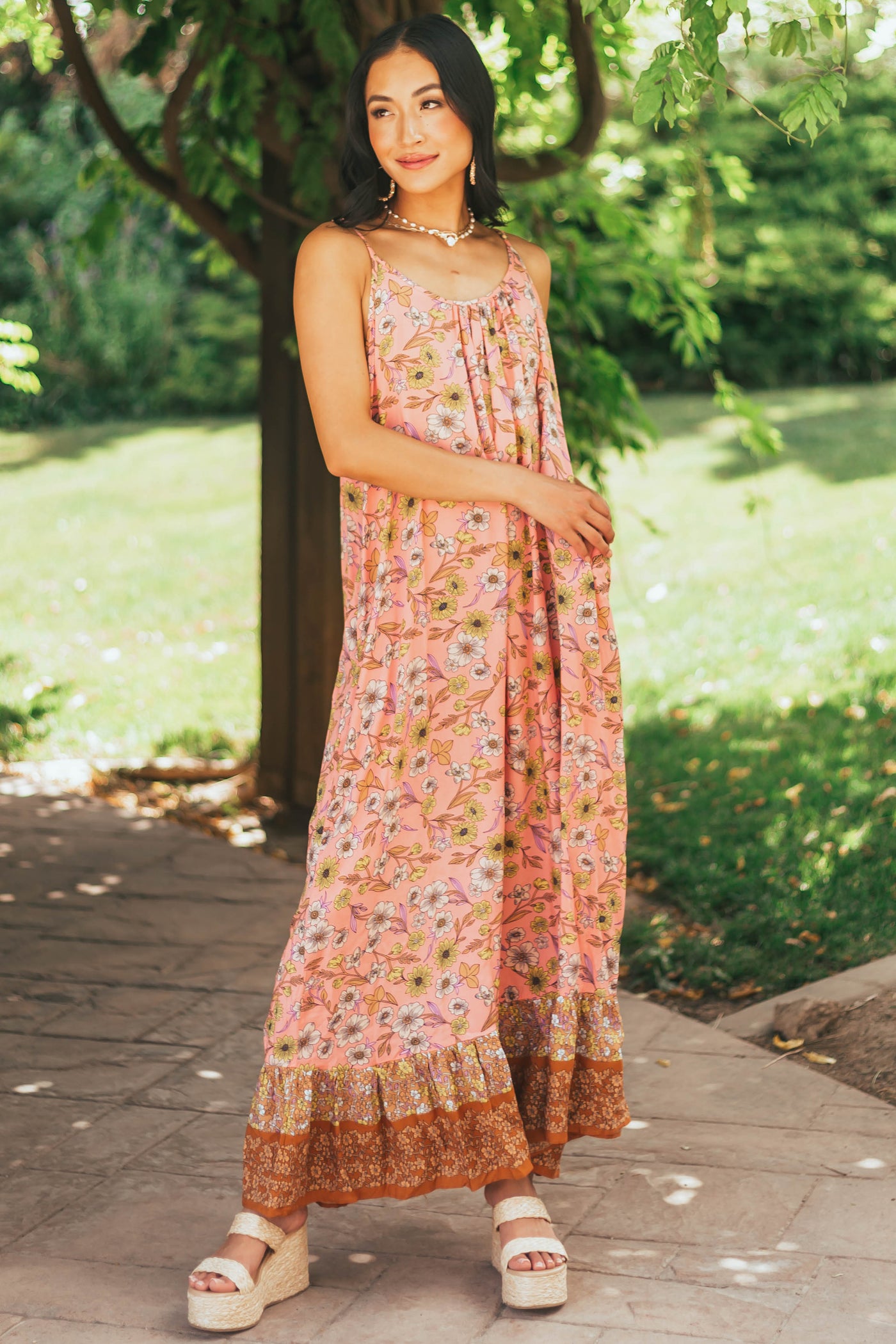 Coral Floral Print Sleeveless Maxi Dress