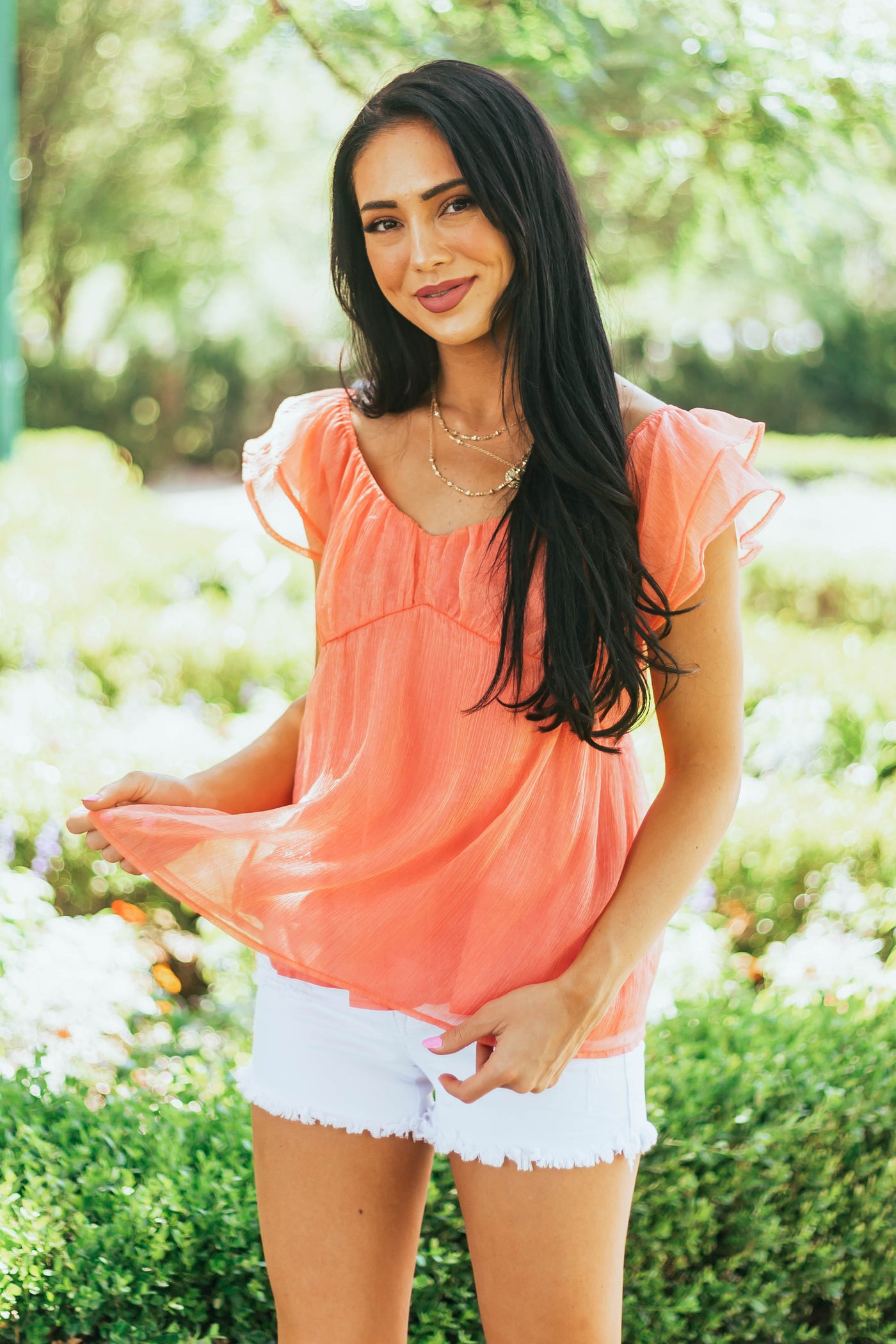 Coral Iridescent Babydoll Blouse with Flutter Sleeves