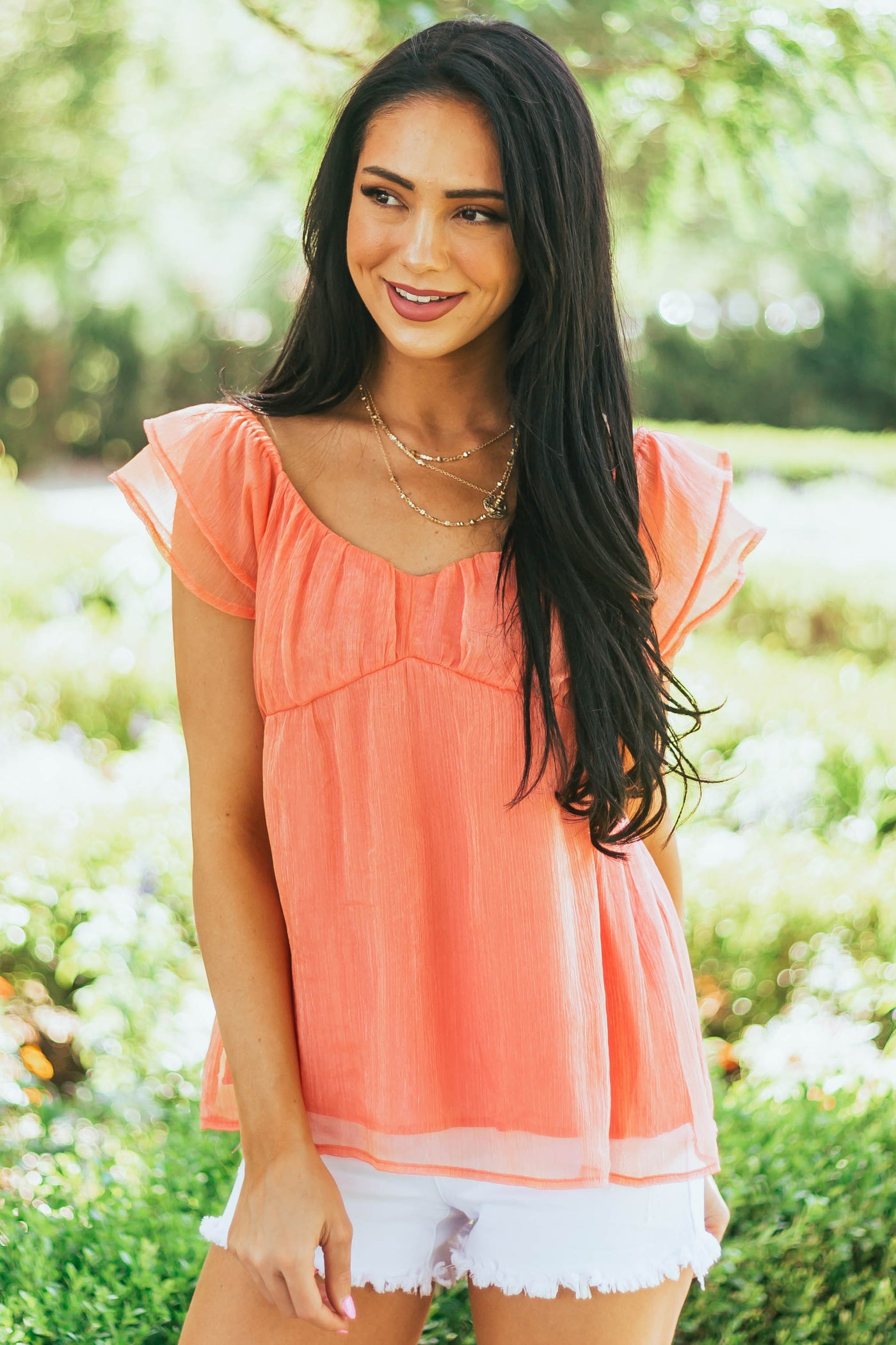 Coral Iridescent Babydoll Blouse with Flutter Sleeves