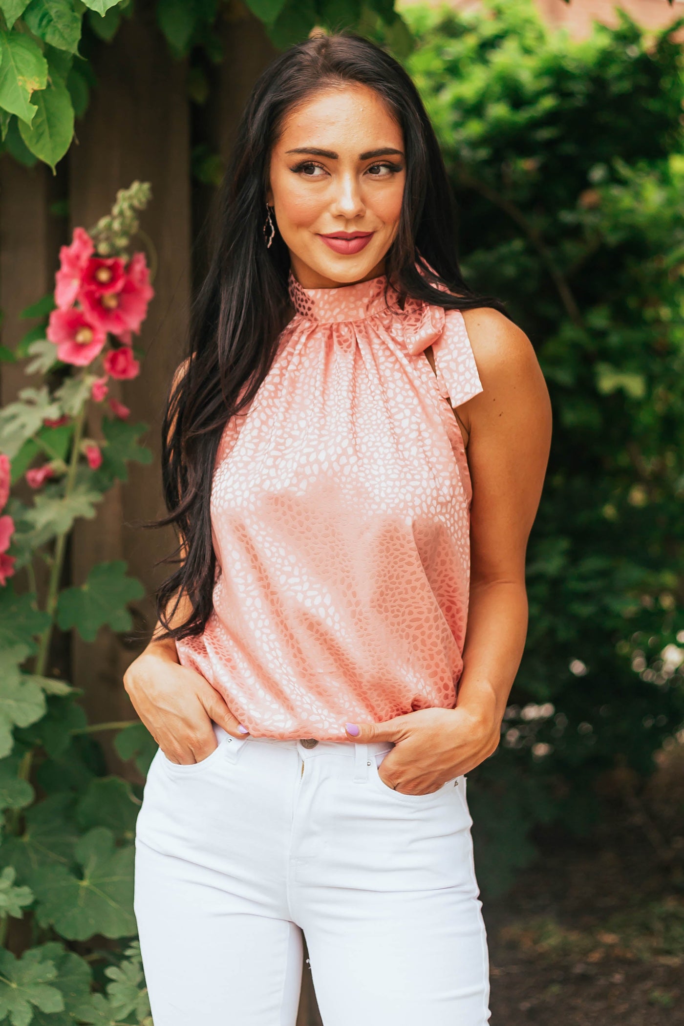 Coral Leopard Satin Halter Top with Tie Strap
