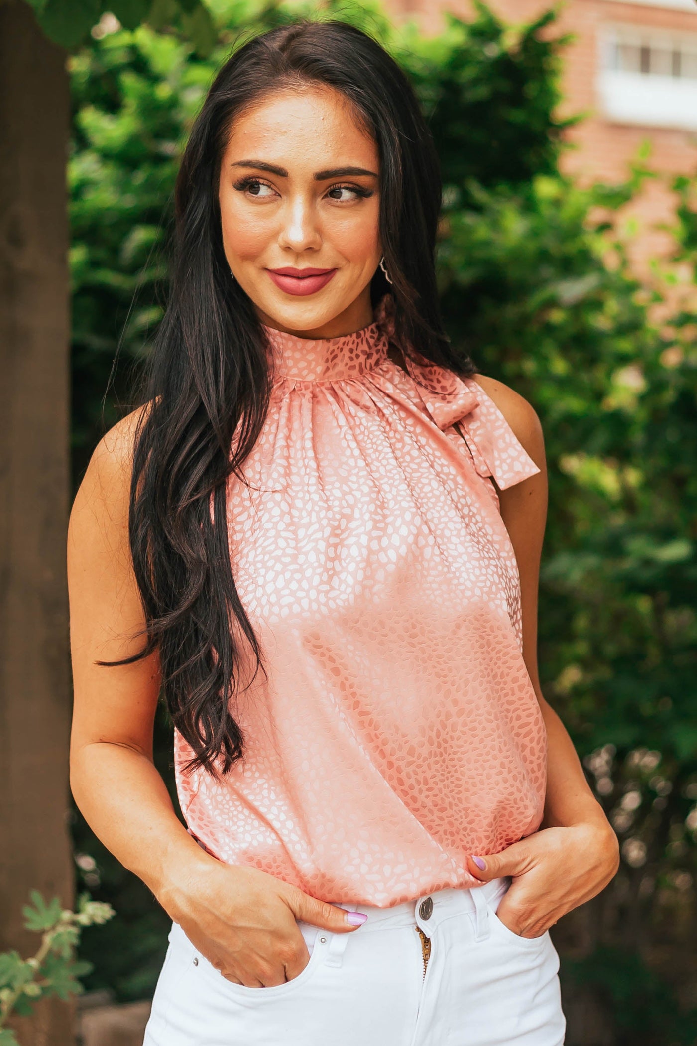 Coral Leopard Satin Halter Top with Tie Strap