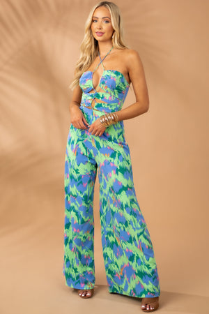 Cornflower Abstract Print Halter Neck Jumpsuit