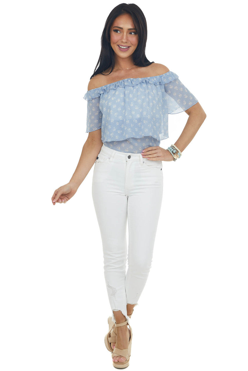 Cornflower Blue Printed Off Shoulder Woven Top