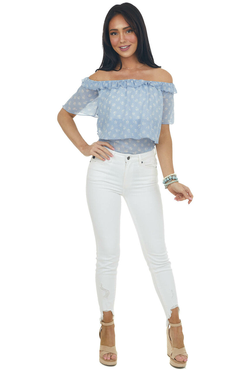 Cornflower Blue Printed Off Shoulder Woven Top