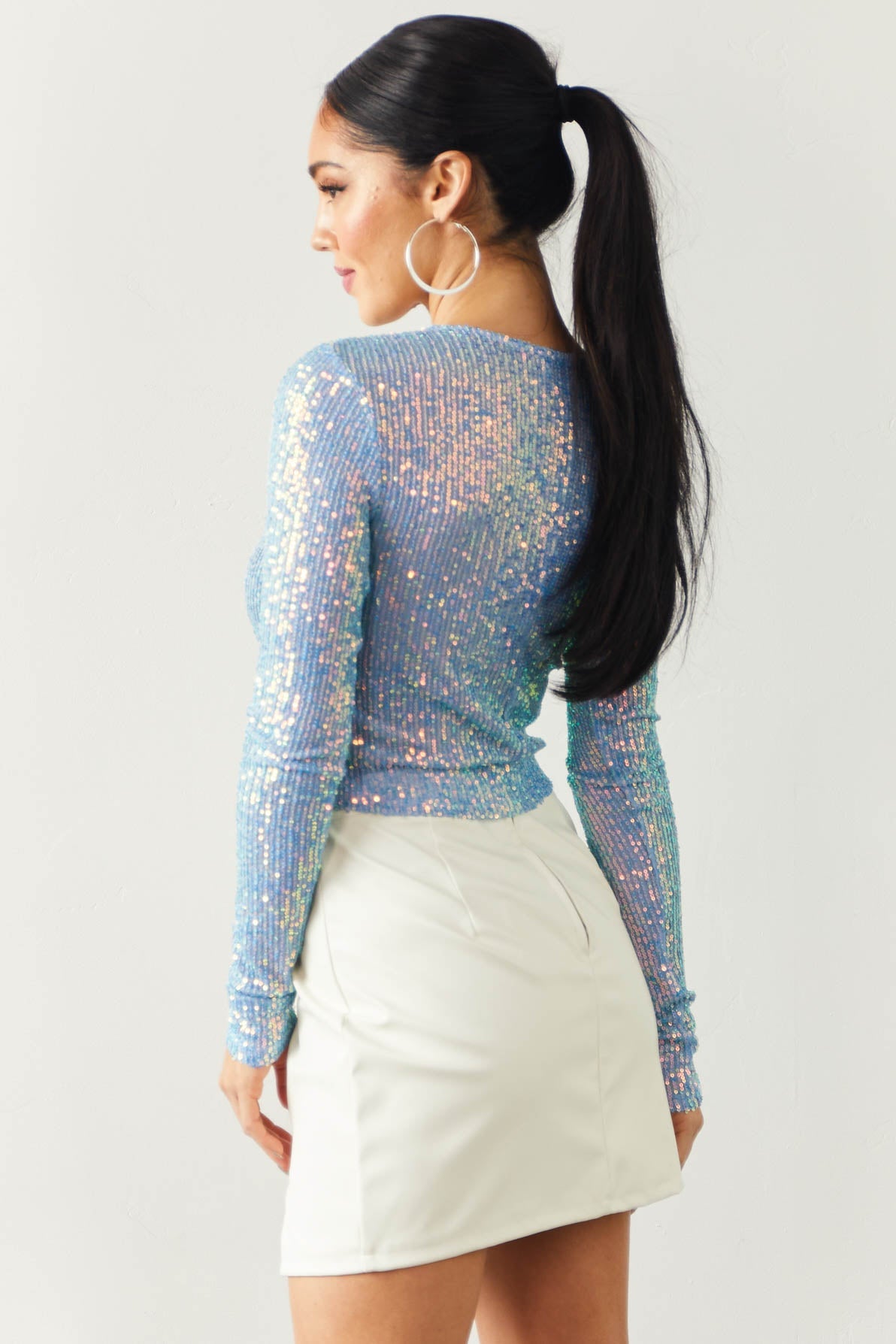 Cornflower Cropped Long Sleeve Sequined Knit Top
