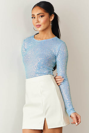 Cornflower Cropped Long Sleeve Sequined Knit Top