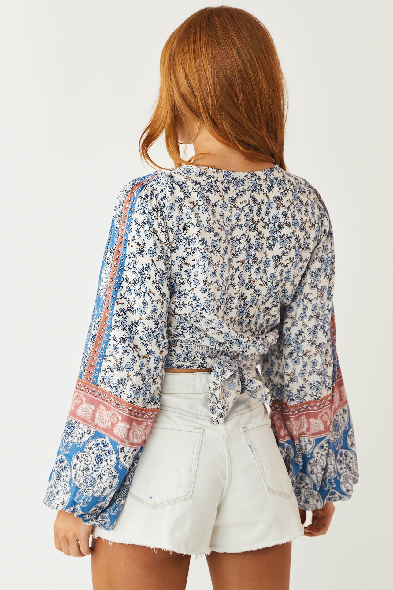 Cornflower Floral Bishop Sleeve Wrap Back Tie Crop Top
