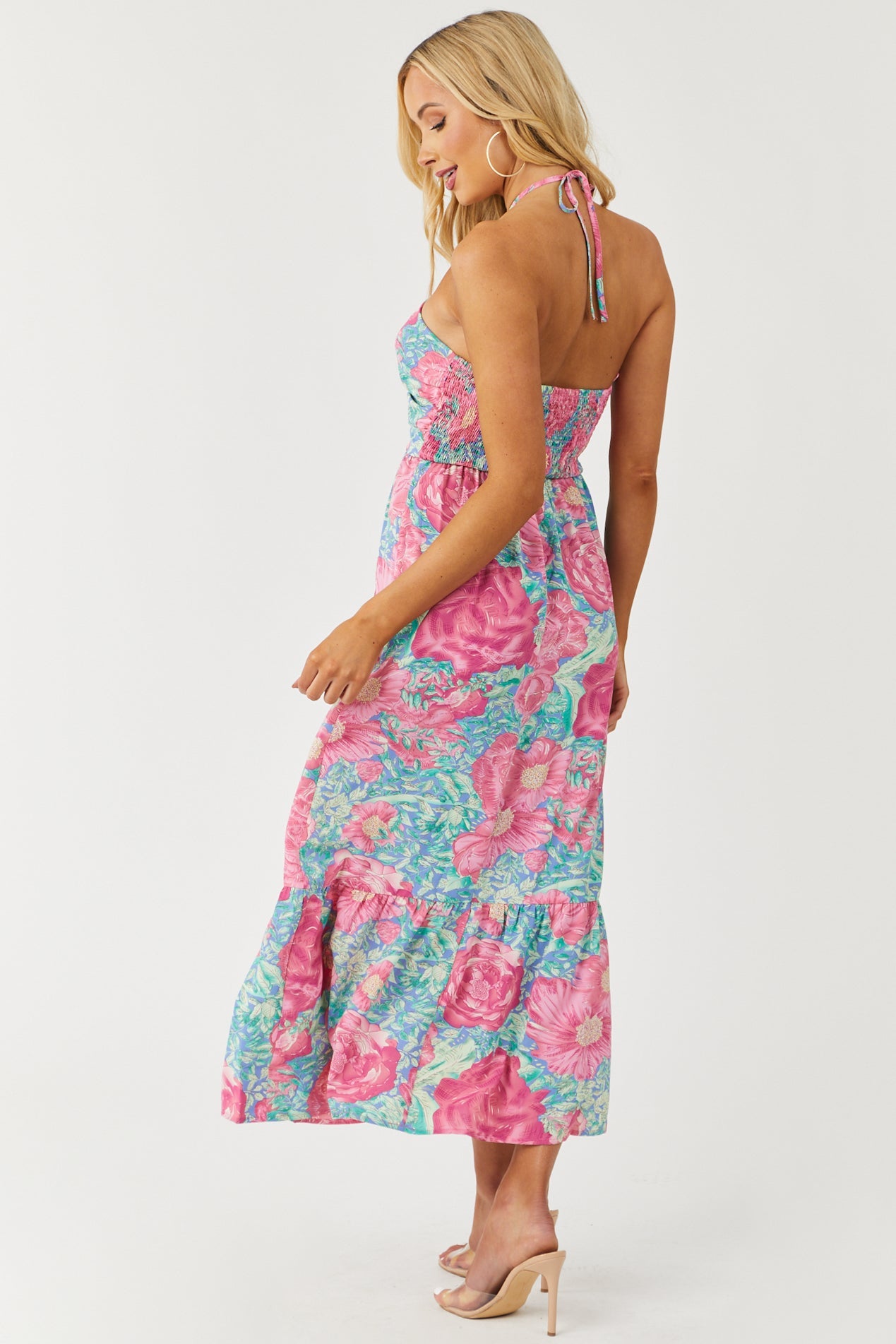 Cornflower Floral Print Halter Neck Midi Dress