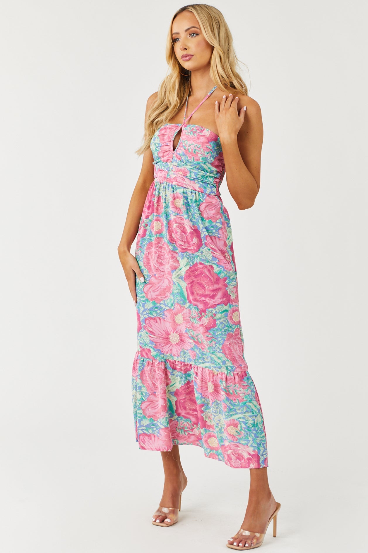 Cornflower Floral Print Halter Neck Midi Dress