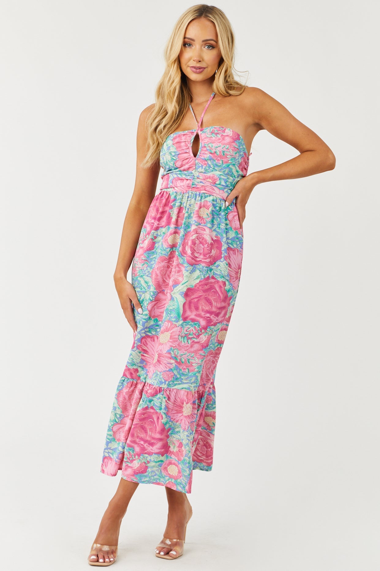 Cornflower Floral Print Halter Neck Midi Dress