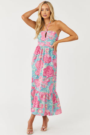 Cornflower Floral Print Halter Neck Midi Dress