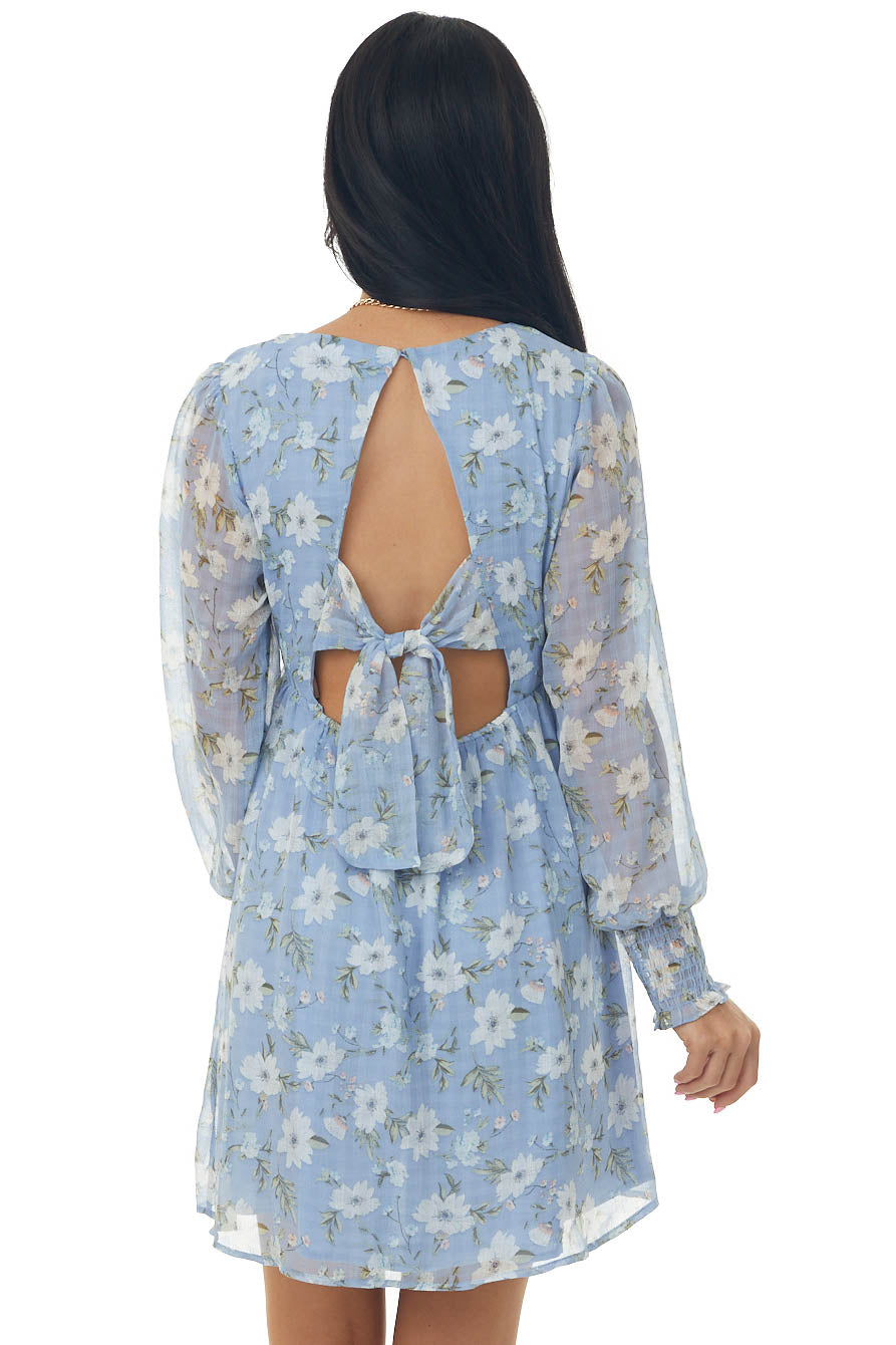 Cornflower Floral Print Long Sleeve V Neck Short Dress