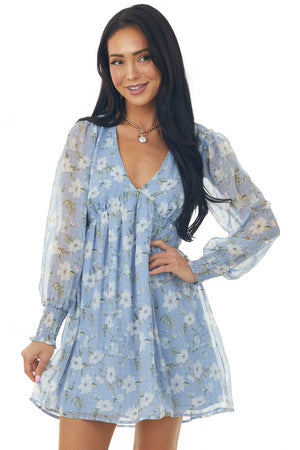 Cornflower Floral Print Long Sleeve V Neck Short Dress