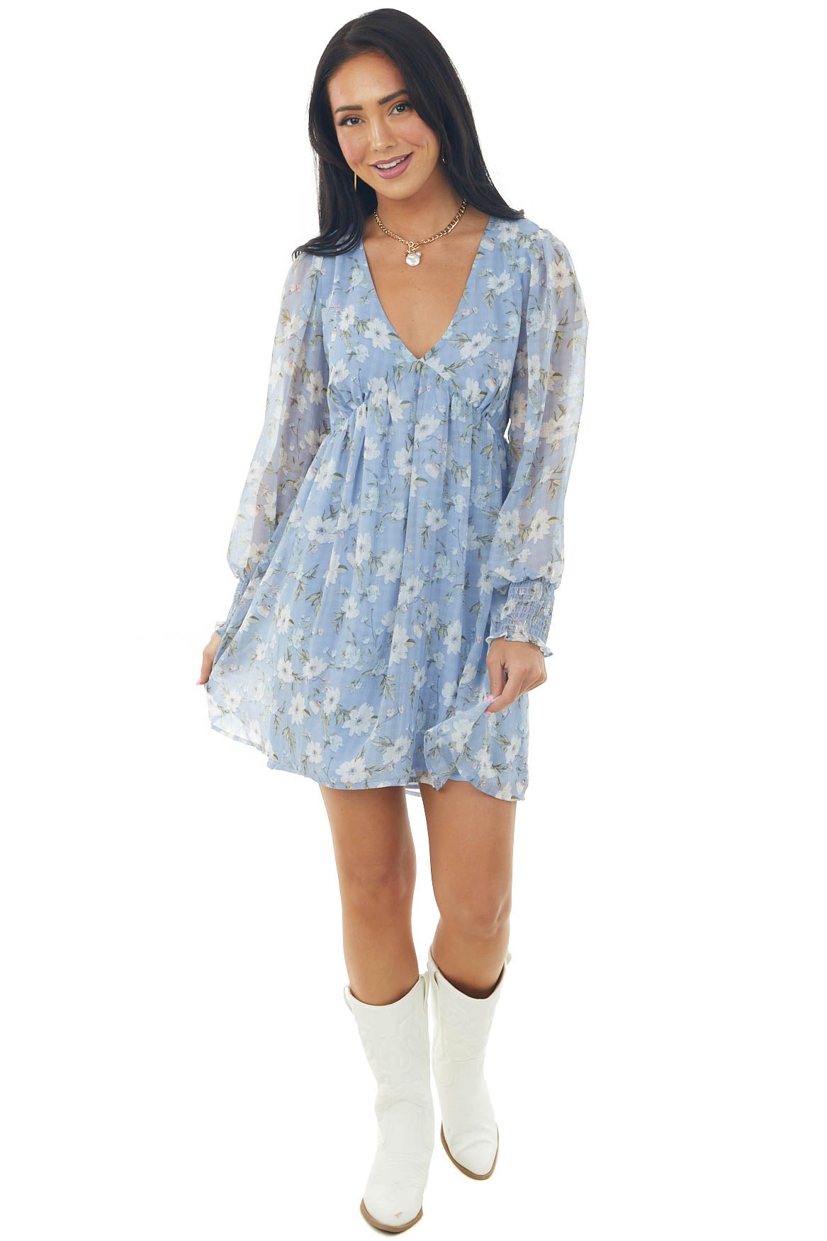 Cornflower Floral Print Long Sleeve V Neck Short Dress