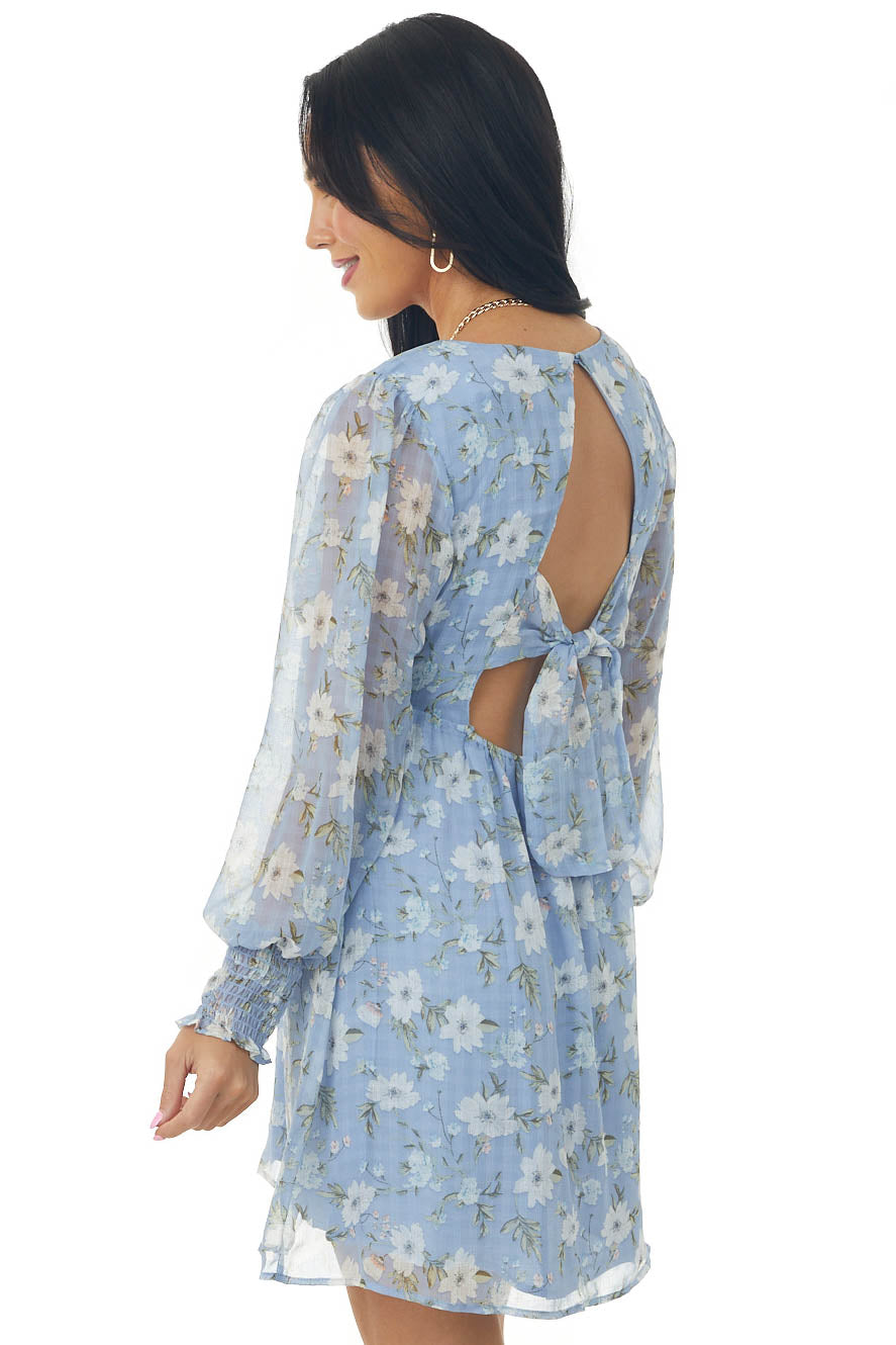 Cornflower Floral Print Long Sleeve V Neck Short Dress