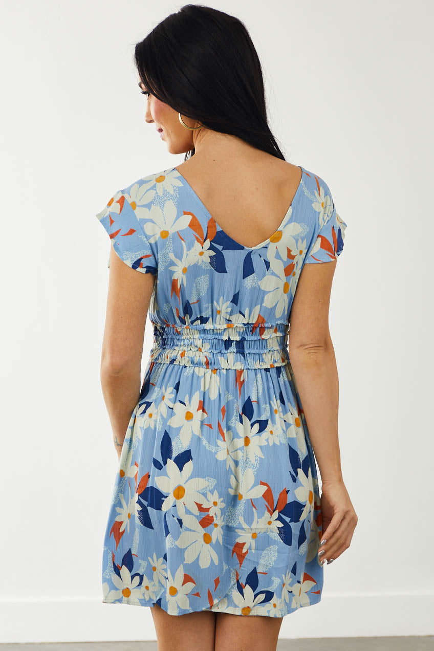 Cornflower Floral Ruffle Sleeve Front Tie Dress