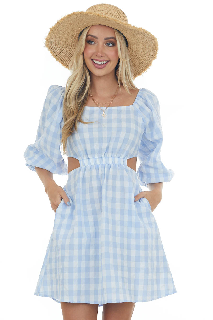 Cornflower Gingham Cut Out Puff Sleeve Dress