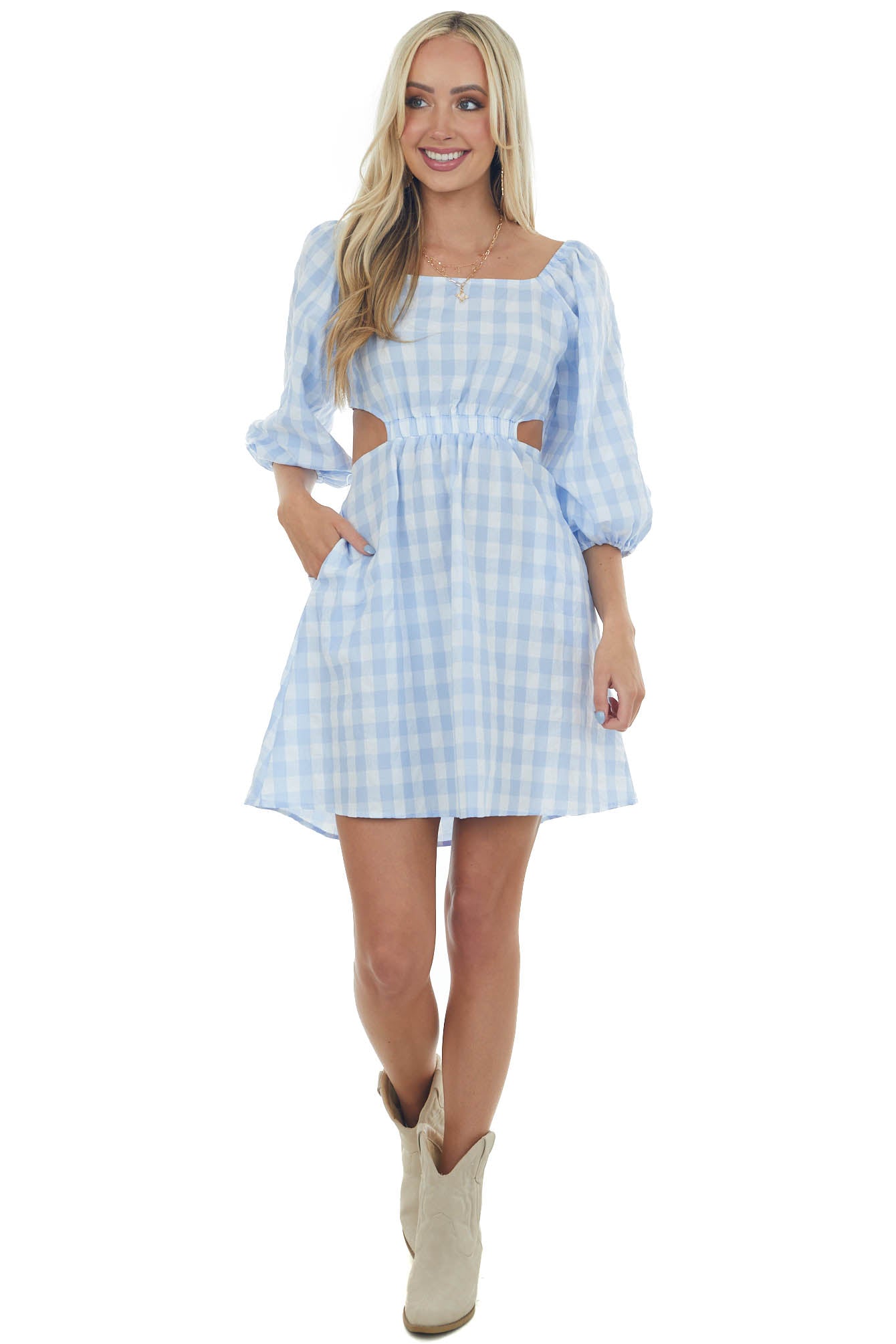 Cornflower Gingham Cut Out Puff Sleeve Dress