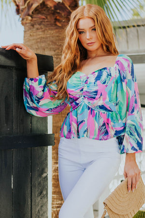 Cornflower Multicolor Abstract Print Peplum Top