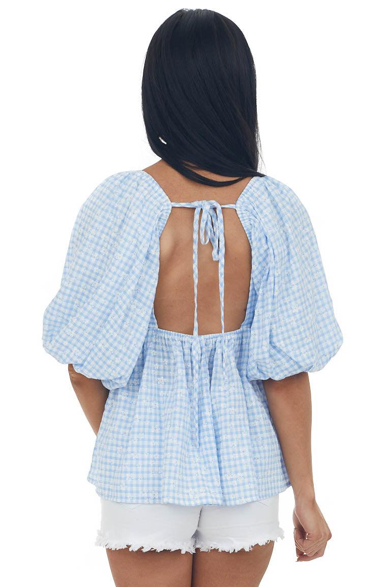 Cornflower Plaid Bubble Sleeve Babydoll Blouse