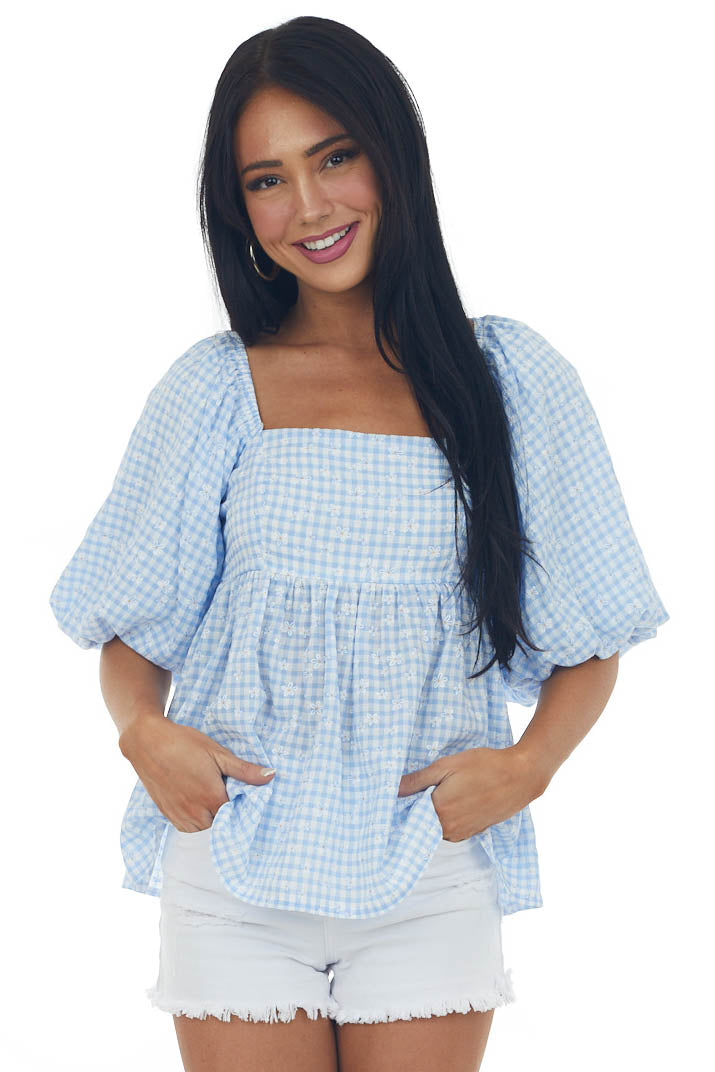 Cornflower Plaid Bubble Sleeve Babydoll Blouse