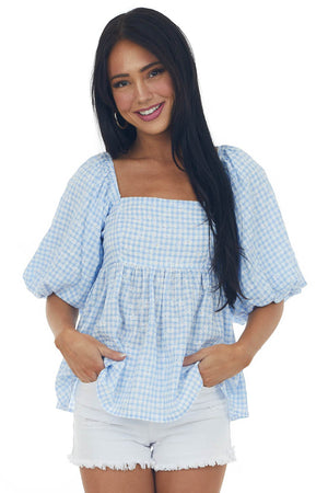 Cornflower Plaid Bubble Sleeve Babydoll Blouse