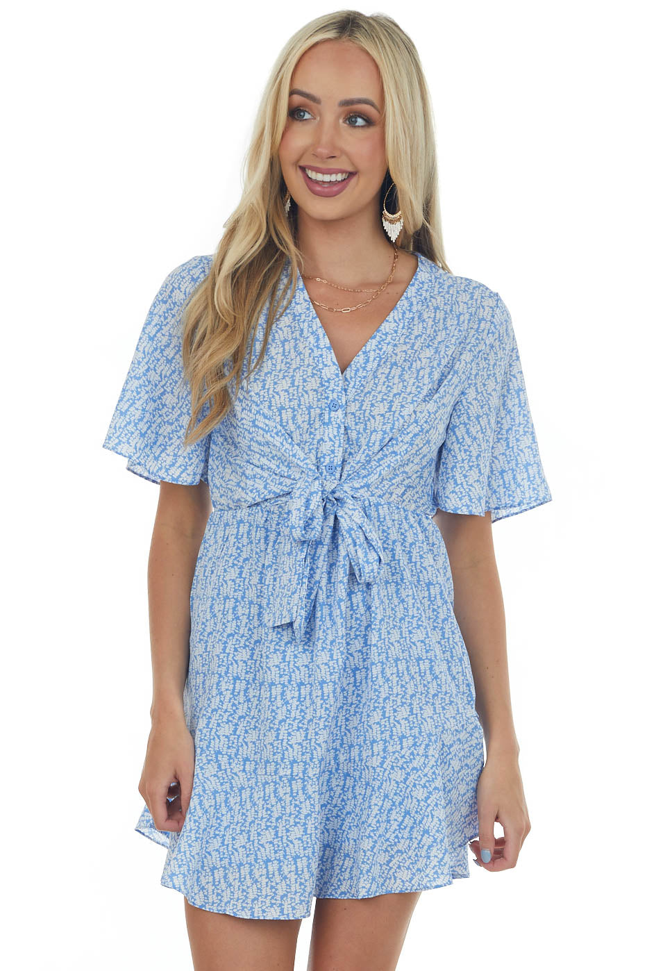Cornflower Printed Flutter Sleeve Button Dress