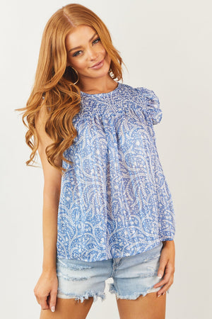 Cornflower Printed Ruffle Smocked Yoke Blouse