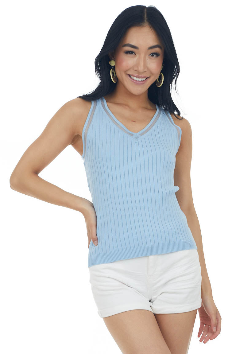 Cornflower Ribbed V Neck Tank Top with Mesh Trim