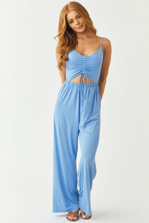 Cornflower Ruched Front Cut Out Wide Leg Jumpsuit