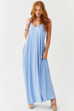 Cornflower Sleeveless Knit Maxi Dress with Pockets
