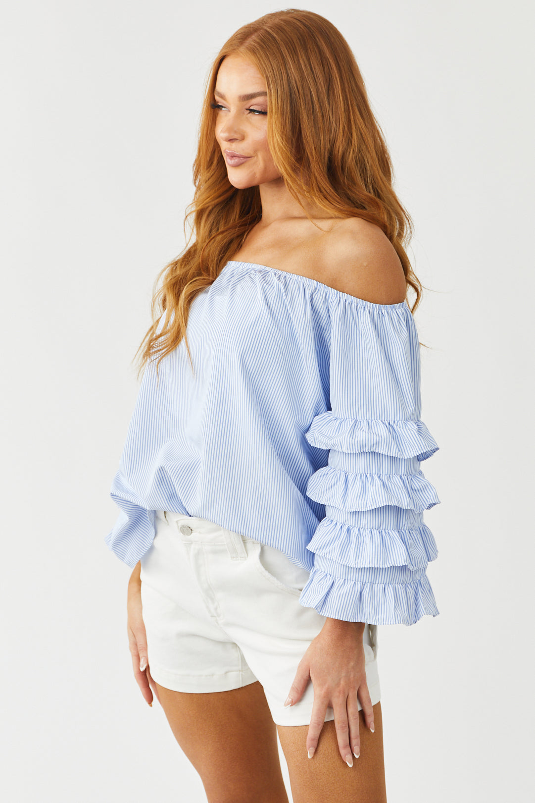 Cornflower Striped Ruffle Sleeve Blouse