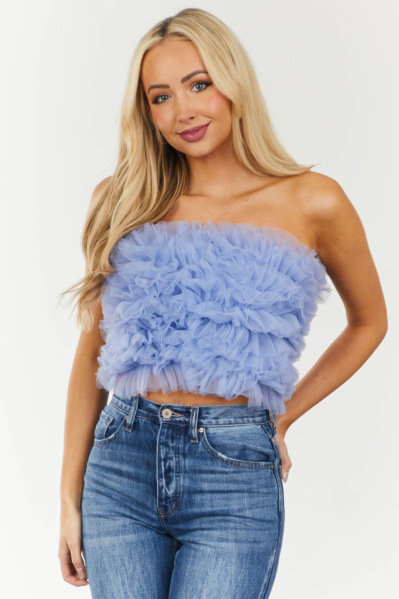 Cornflower Tulle Elastic Strapless Crop Top