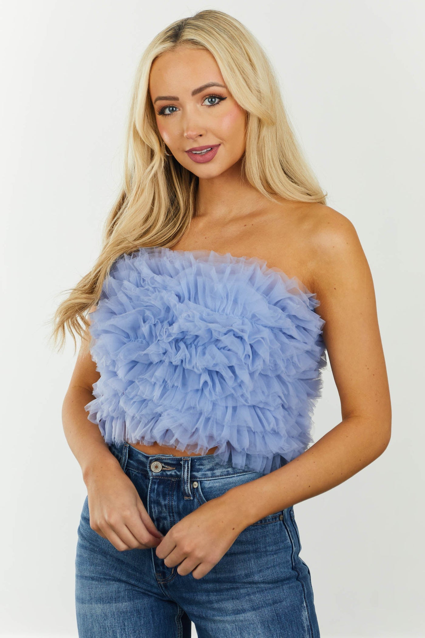 Cornflower Tulle Elastic Strapless Crop Top