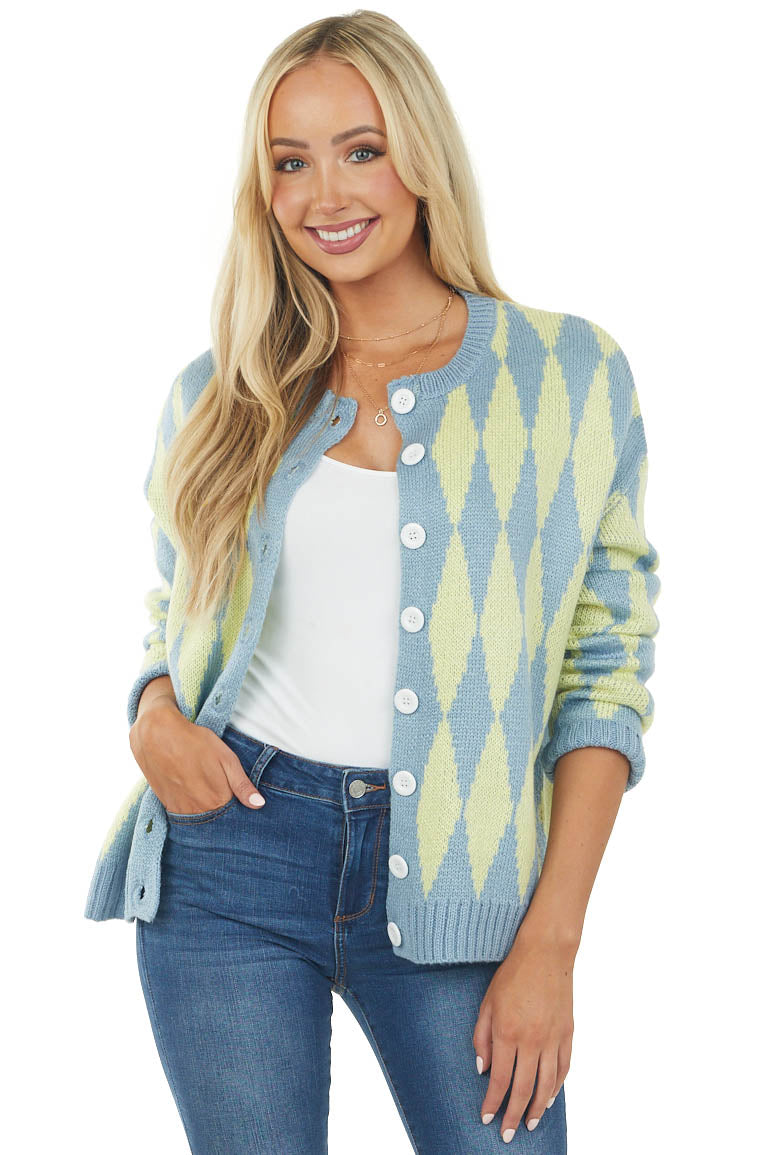 Cornflower and Key Lime Diamond Print Button Up Cardigan