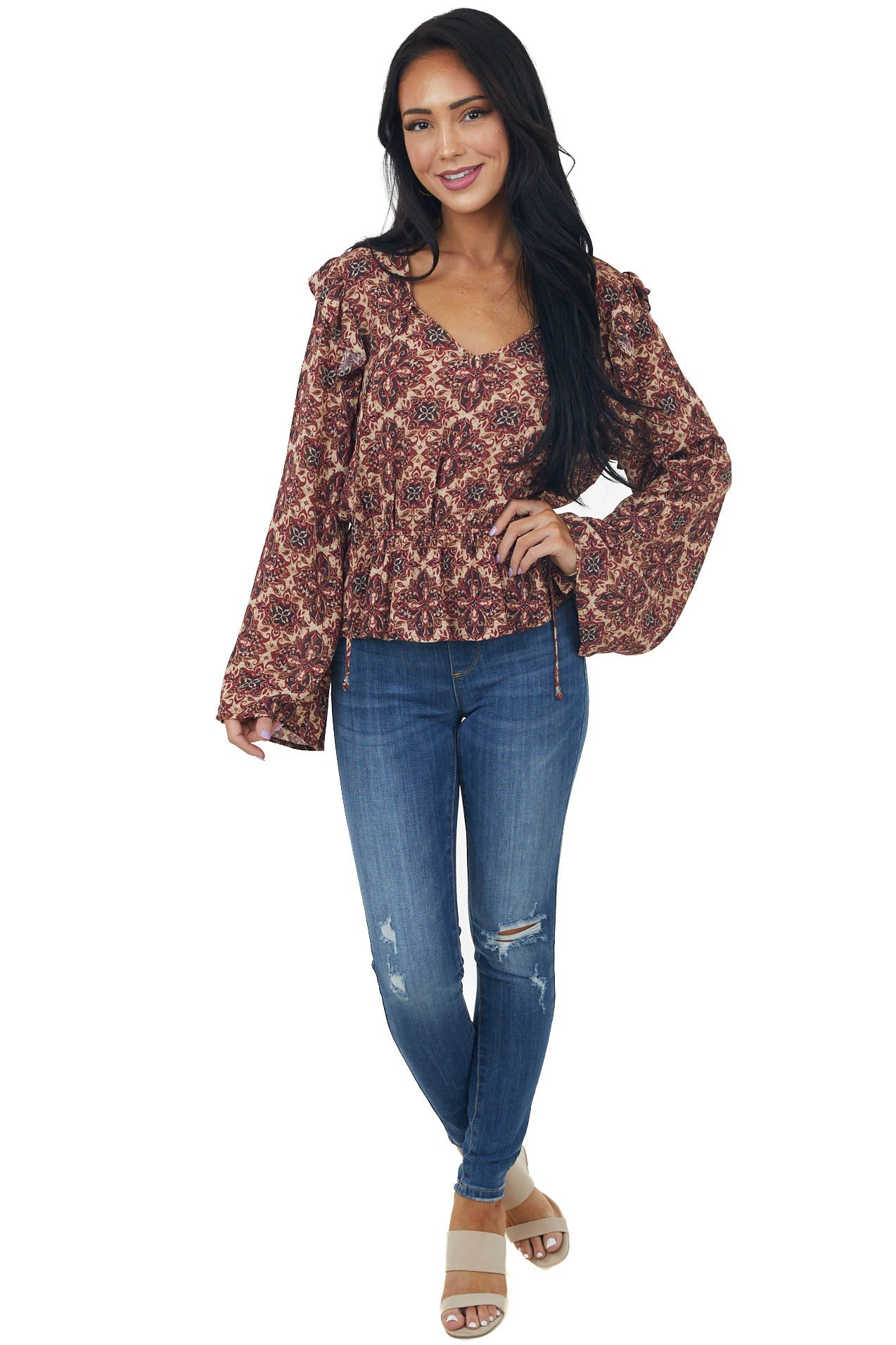 Cranberry Abstract Peplum Long Sleeve Top