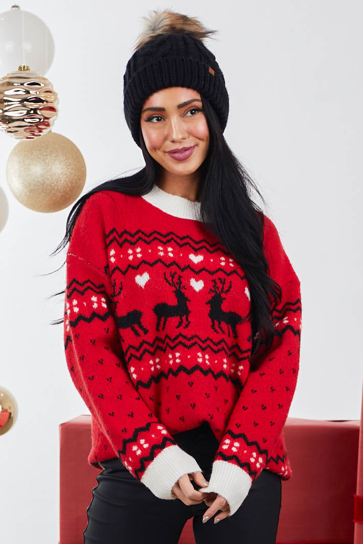 Cranberry Holiday Print Fuzzy Pullover Sweater