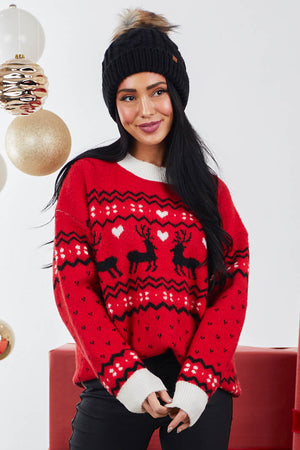 Cranberry Holiday Print Fuzzy Pullover Sweater