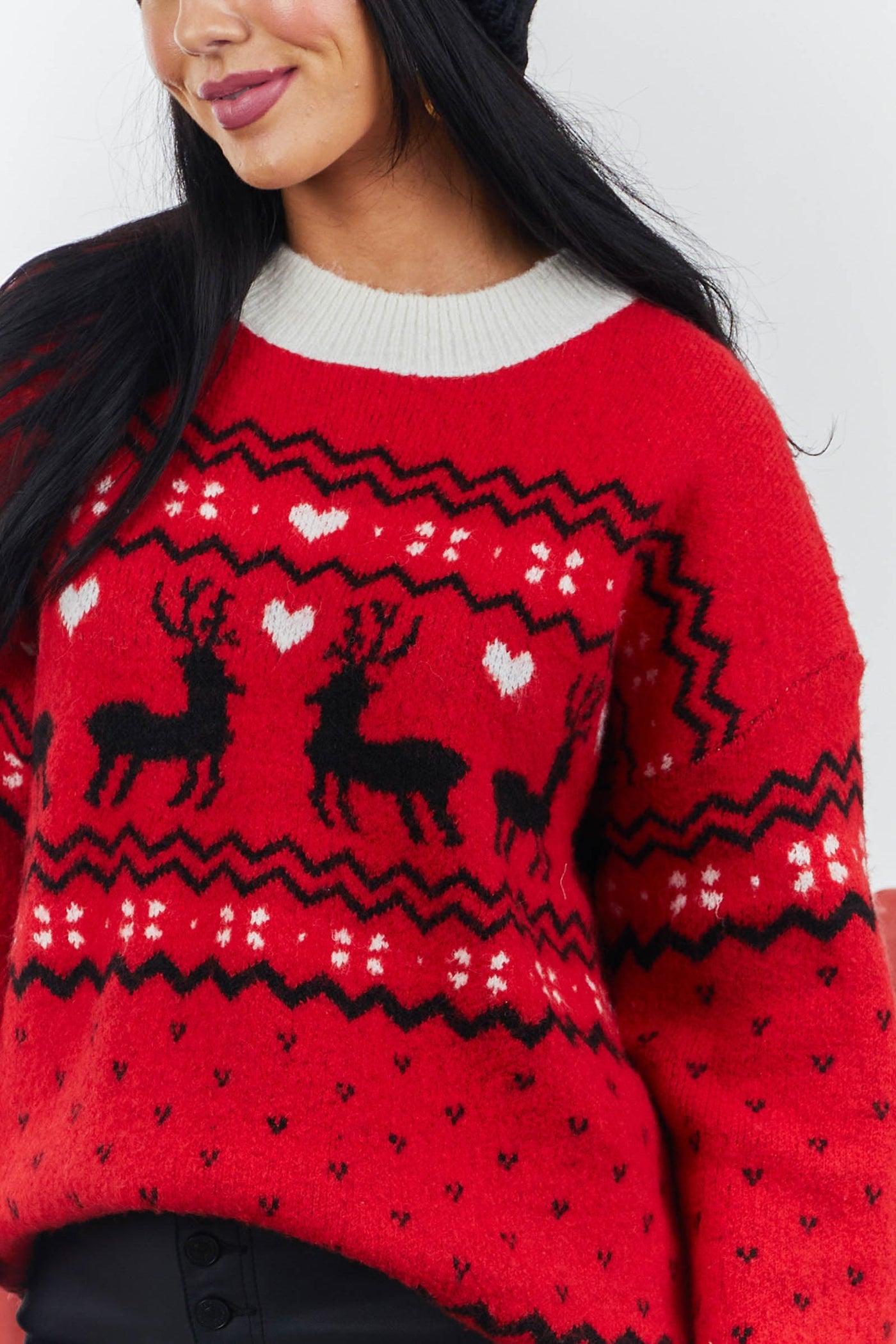 Cranberry Holiday Print Fuzzy Pullover Sweater
