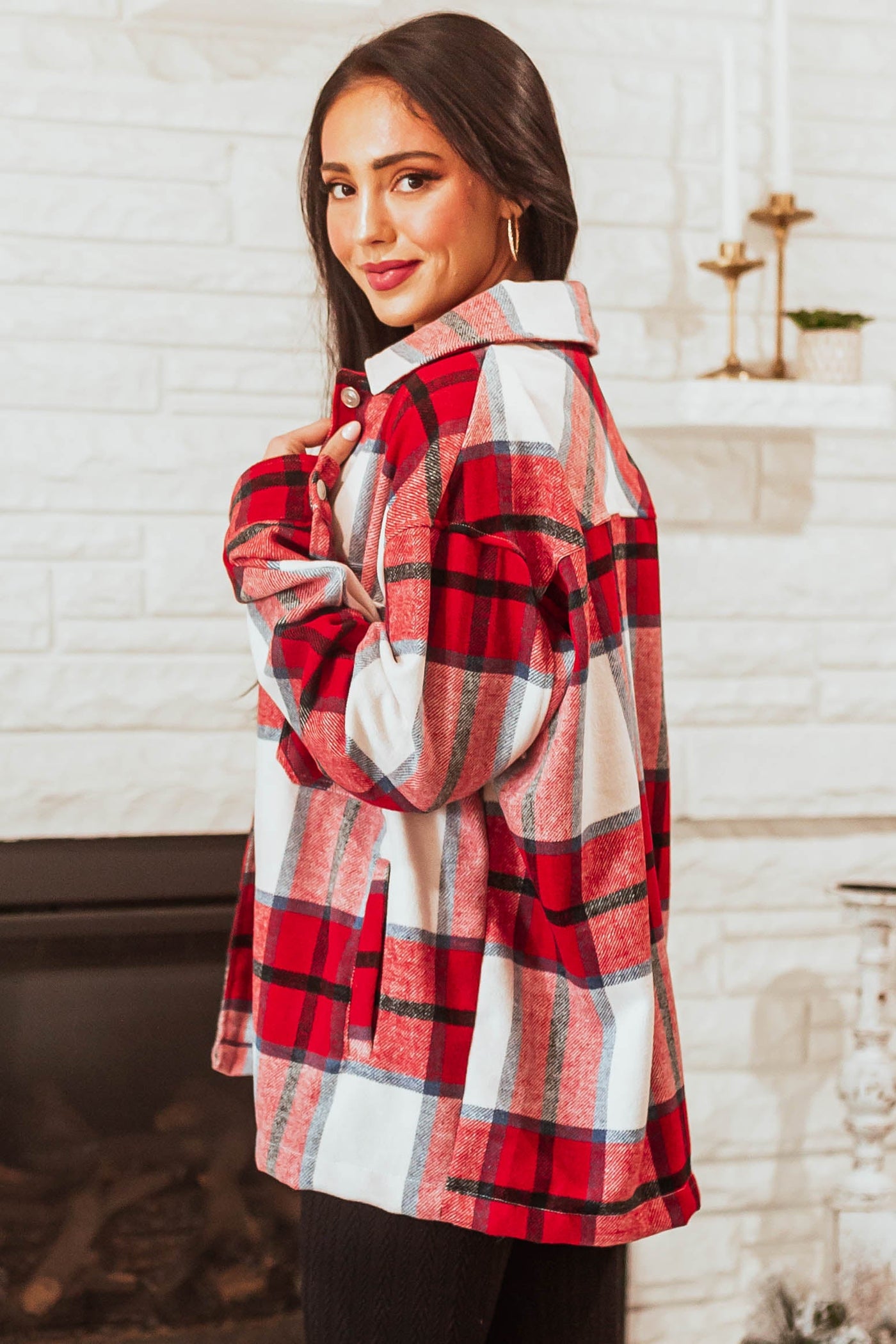 Cranberry Plaid Large Chest Pocket Soft Shacket