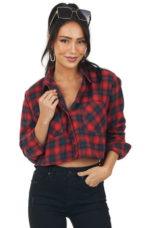 Cranberry and Navy Plaid Chest Pocket Crop Top