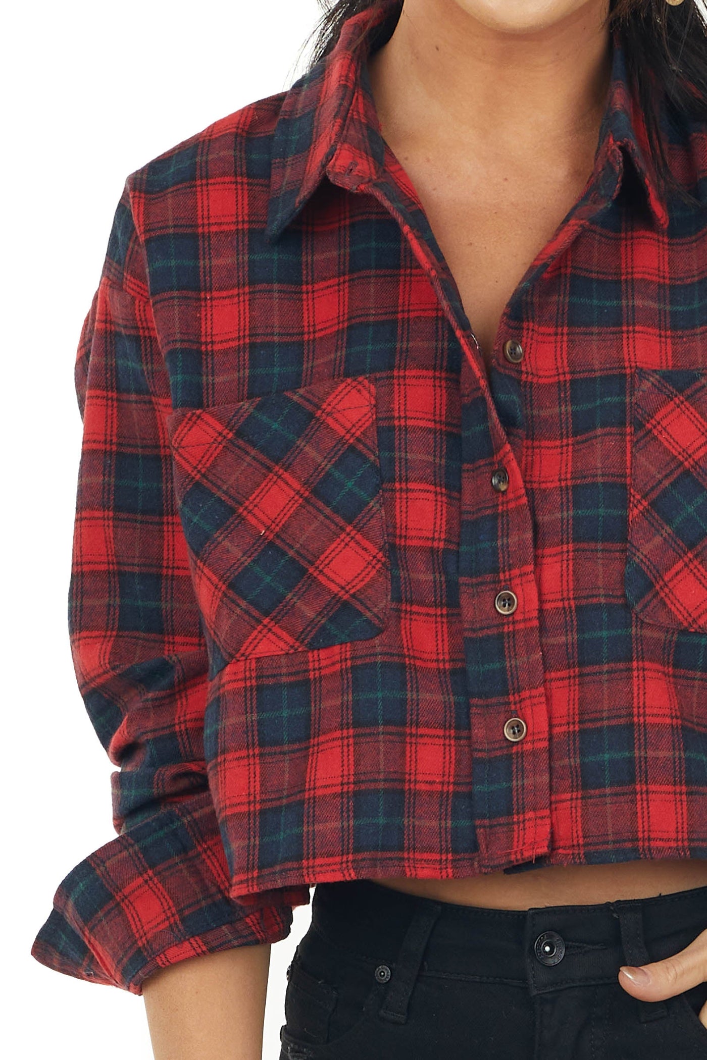 Cranberry and Navy Plaid Chest Pocket Crop Top