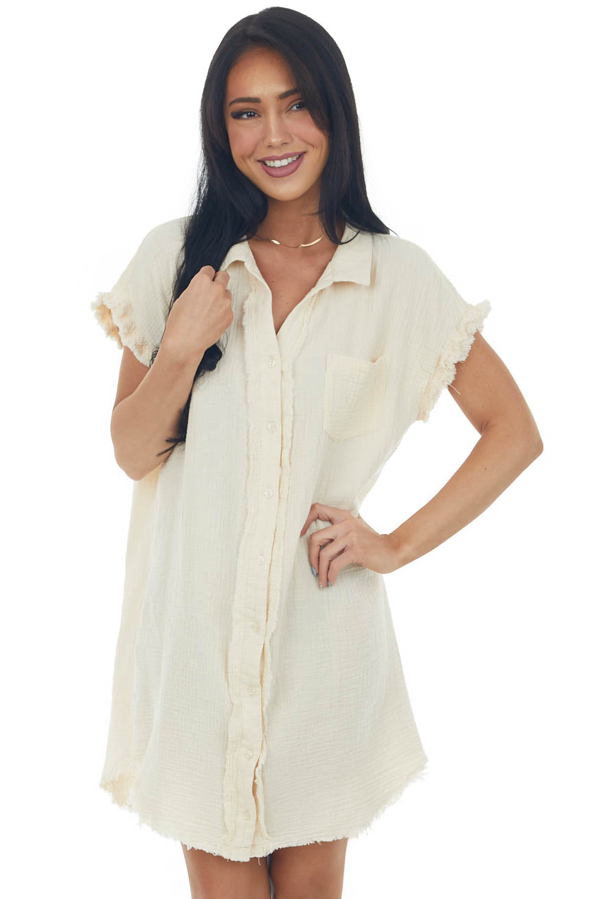 Cream Button Down Gauze Shirt Dress