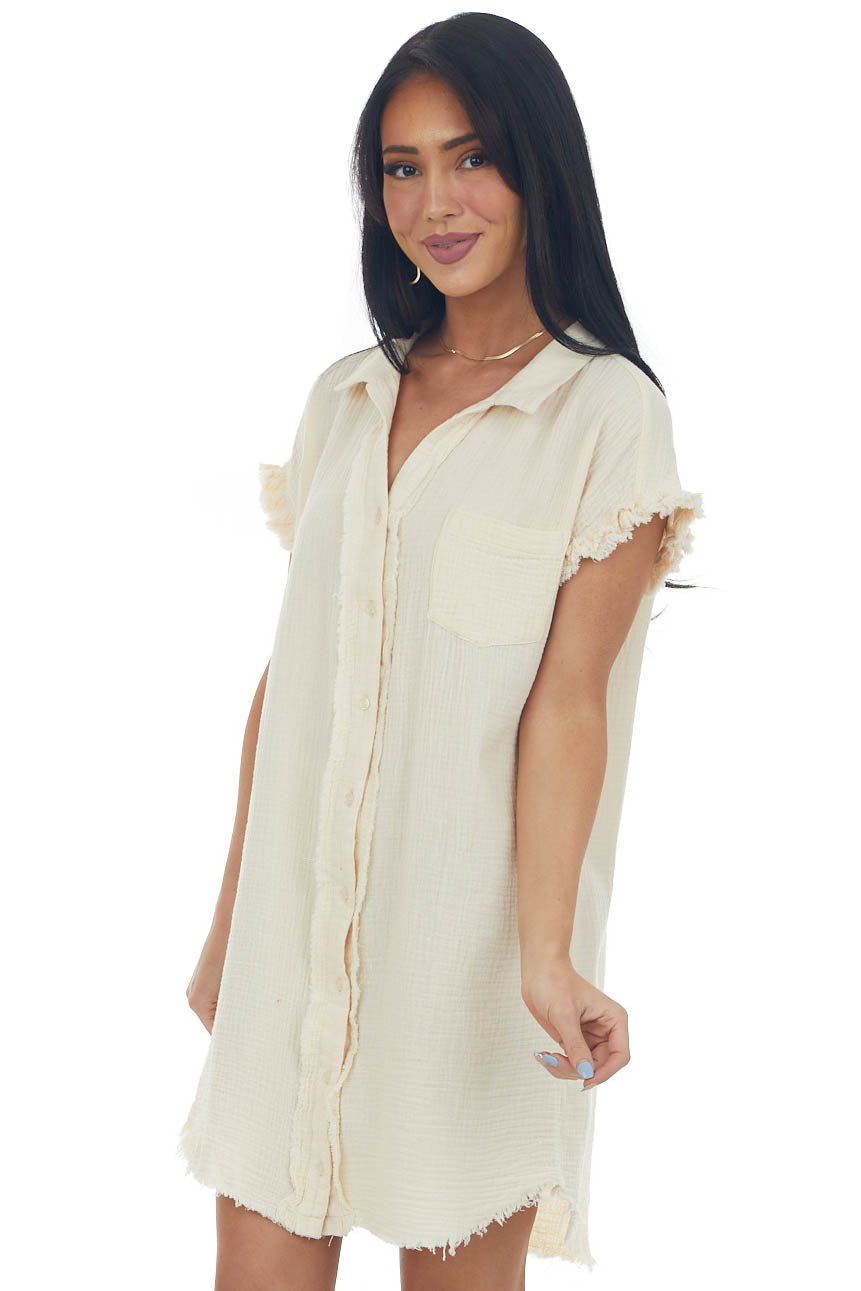 Cream Button Down Gauze Shirt Dress