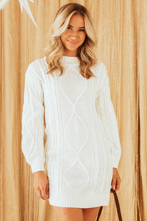 Cream Cable Knit Long Sleeve Sweater Dress