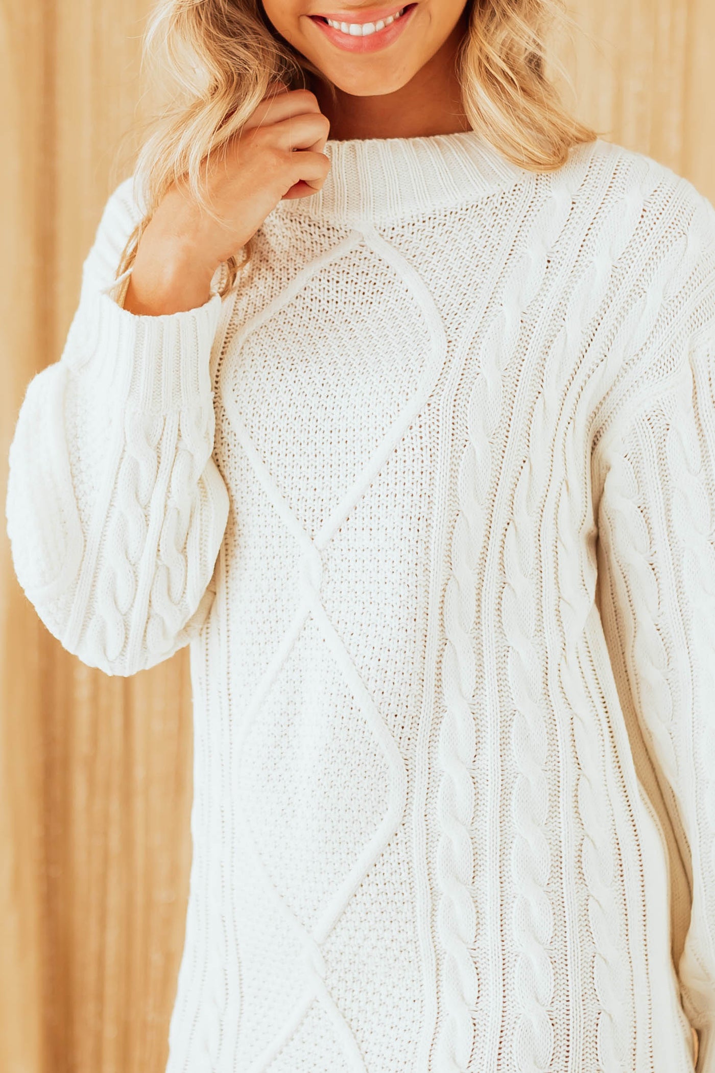 Cream Cable Knit Long Sleeve Sweater Dress