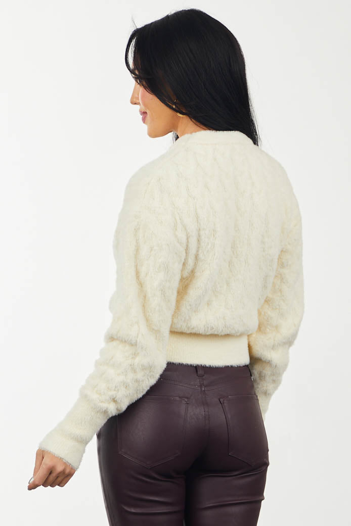 Cream Chenille Cable Knit Long Sleeve Sweater